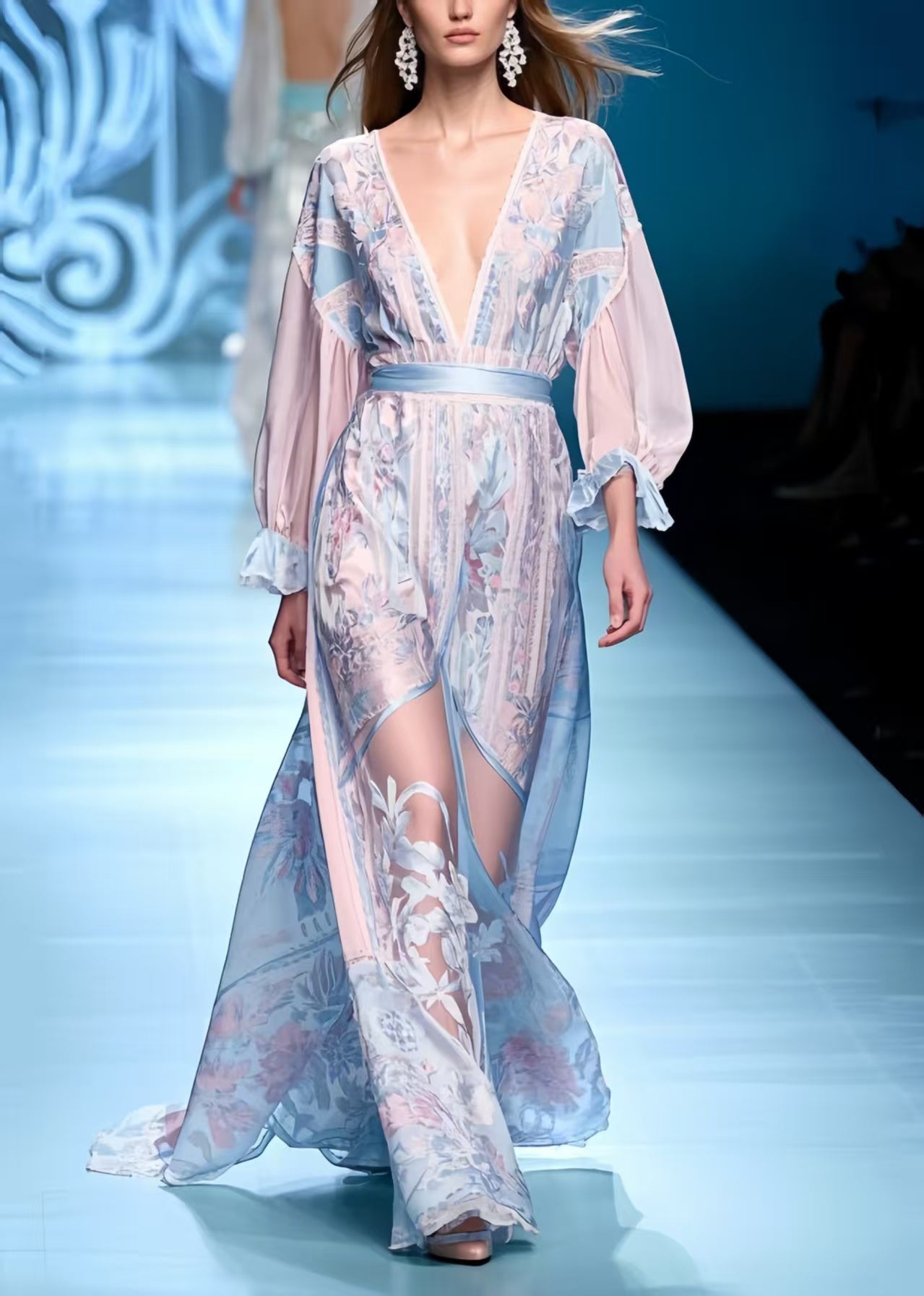 Blue Jacquard Patchwork Chiffon Long Dresses Summer