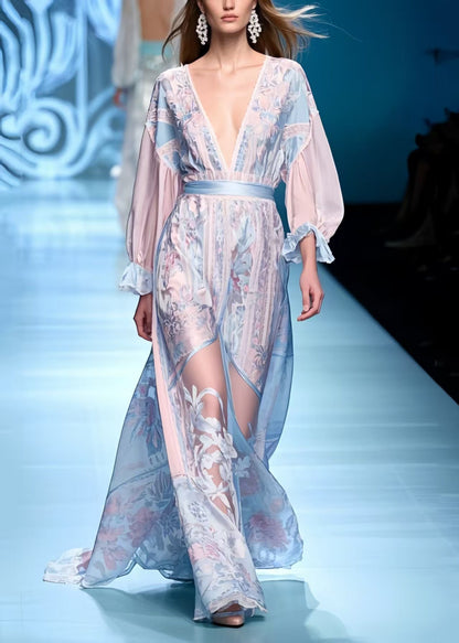 Blue Jacquard Patchwork Chiffon Long Dresses Summer