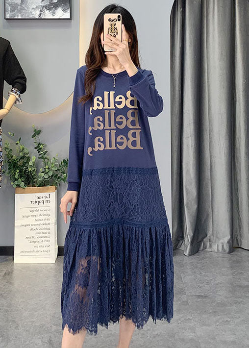 Blue Lace Patchwork Cotton Dress Spring