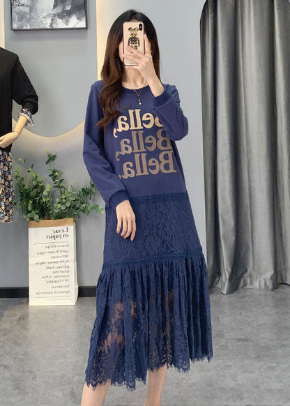 Blue Lace Patchwork Cotton Dress Spring