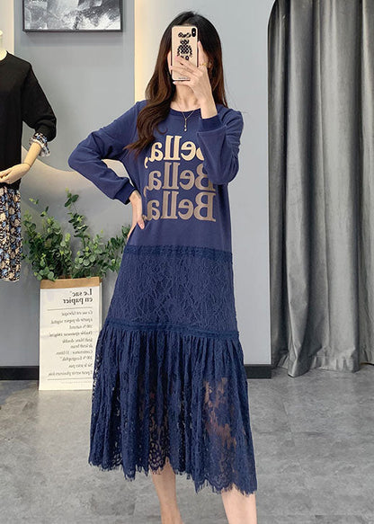 Blue Lace Patchwork Cotton Dress Spring