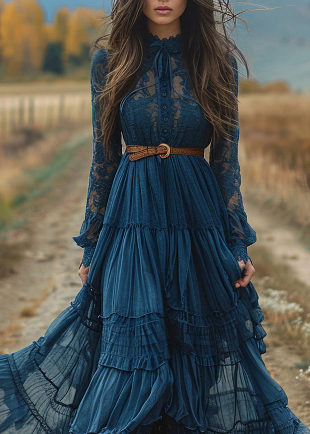 Blue Lace Ruffled Patchwork Cotton Robe Dresses Spring