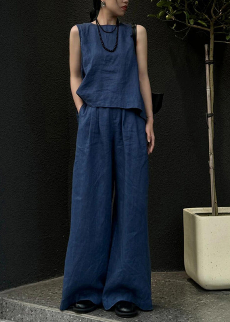 Blue Linen Vest and Wide Leg Pants Two Pieces Set Sleeveless