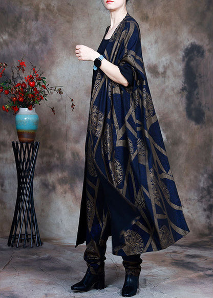 Blue Loose Print Asymmetrical Design Fall Two Pieces Set Long Sleeve