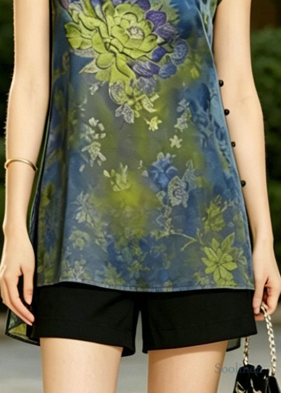 Blue Mandarin Collar Print Silk Vest Top Summer