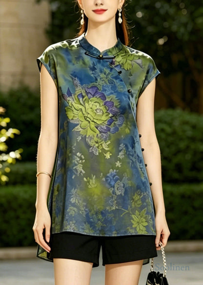 Blue Mandarin Collar Print Silk Vest Top Summer