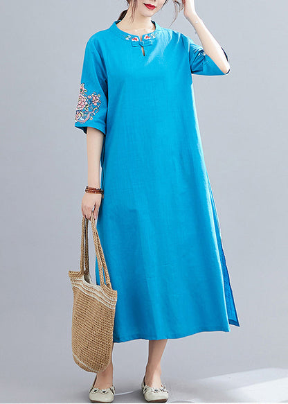 Blue Mandarin Collar Side Open Embroideried Dress Half Sleeve