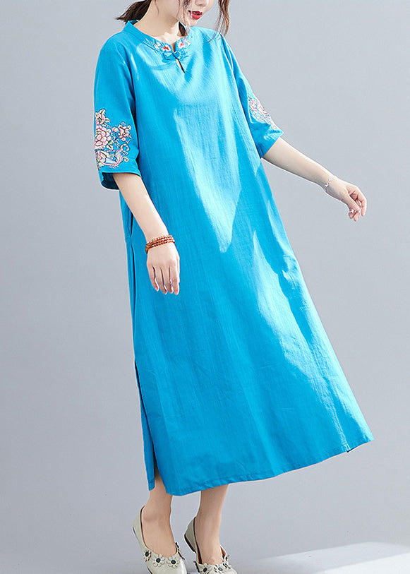 Blue Mandarin Collar Side Open Embroideried Dress Half Sleeve