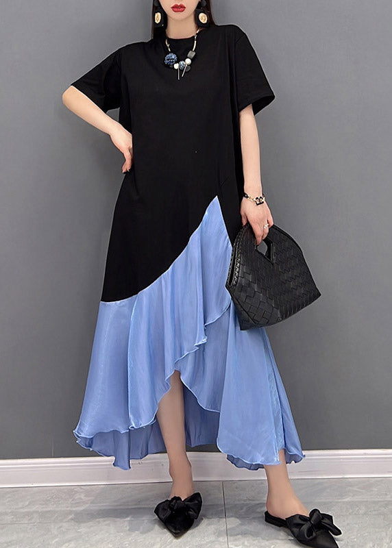 Blue O-neck Asymmetric Patchwork Dress Short Sleeve