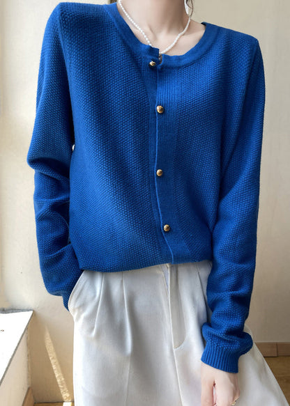 Blue O Neck Button Patchwork Cotton Knit Coats Fall
