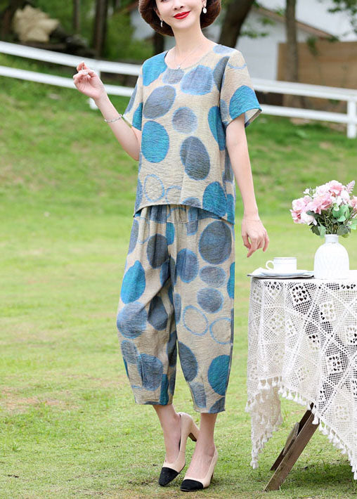 Blue O-neck Dot Print Linen Tops and Crop Pants Two Pieces Set Short Sleeve