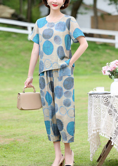 Blue O-neck Dot Print Linen Tops and Crop Pants Two Pieces Set Short Sleeve