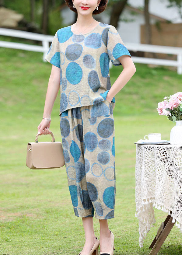 Blue O-neck Dot Print Linen Tops and Crop Pants Two Pieces Set Short Sleeve