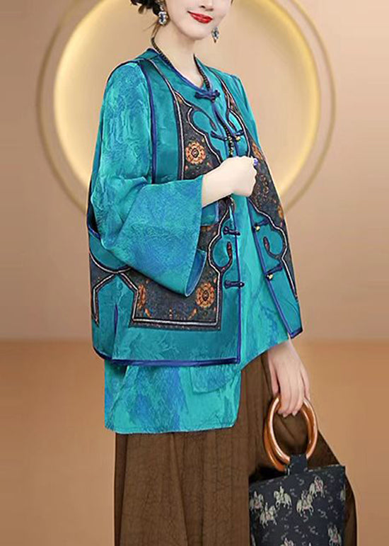 Blue O Neck Oriental Button Silk Vest Sleeveless