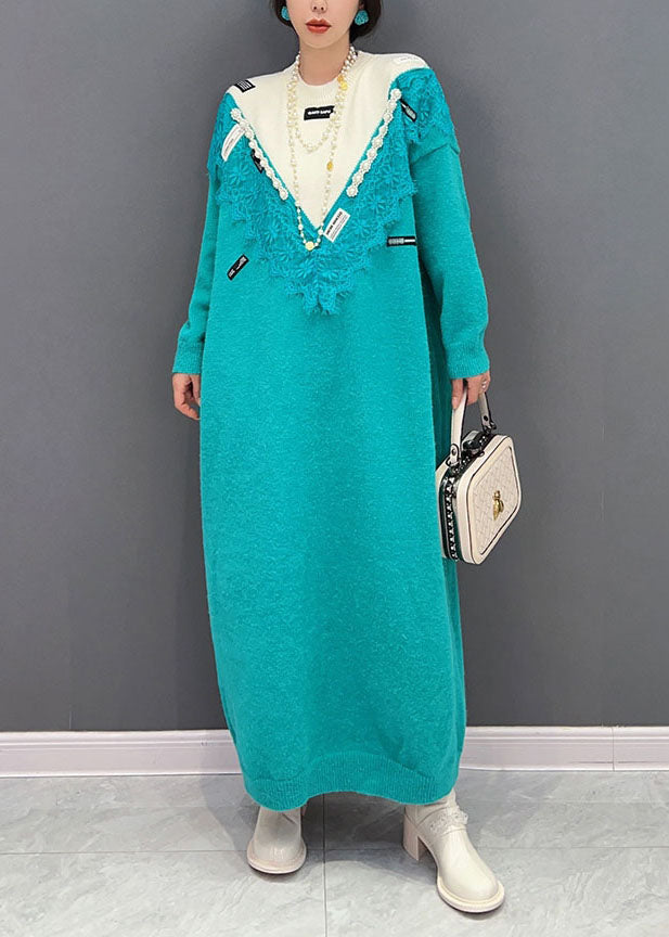 Blue O-neck Oversized Lace Patchwork Knit Long Sweater Spring