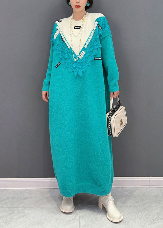 Blue O-neck Oversized Lace Patchwork Knit Long Sweater Spring