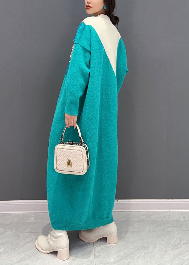 Blue O-neck Oversized Lace Patchwork Knit Long Sweater Spring