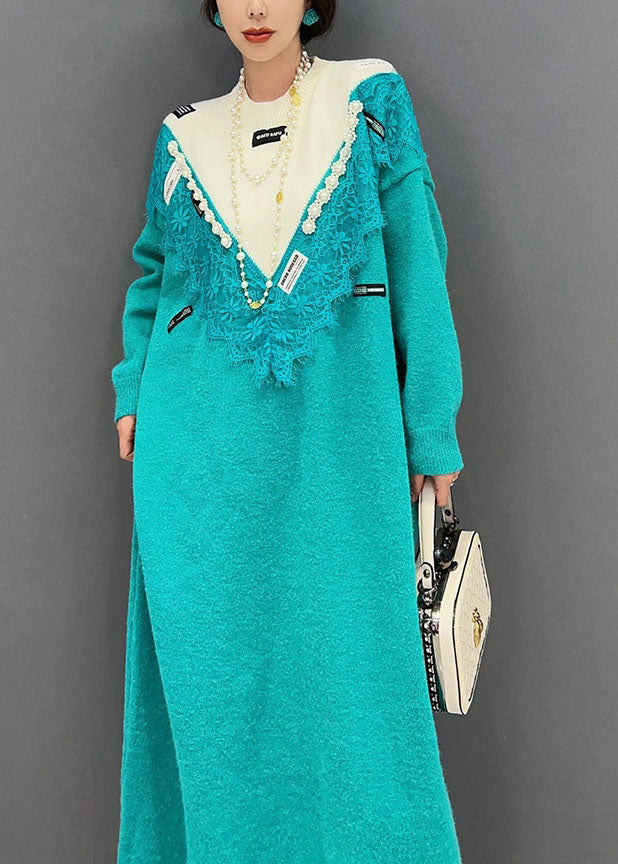 Blue O-neck Oversized Lace Patchwork Knit Long Sweater Spring