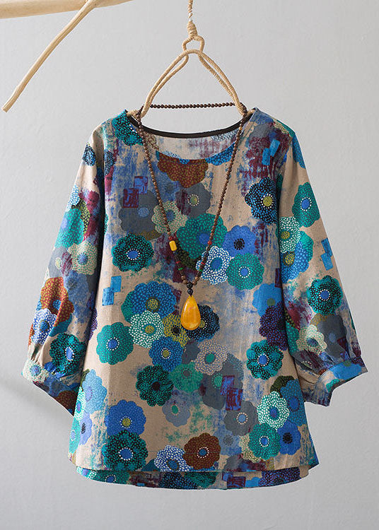 Blue O-neck Oversized Print Linen Blouses Bracelet Sleeve