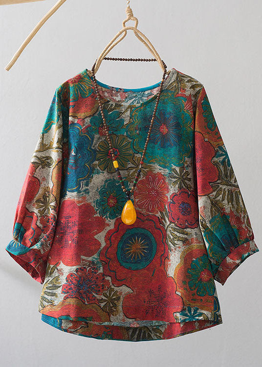 Blue O-neck Oversized Print Linen Blouses Bracelet Sleeve