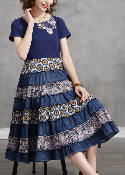Blue O-neck Patchwork Cotton Vacation Pleated Dresses Short Sleeve