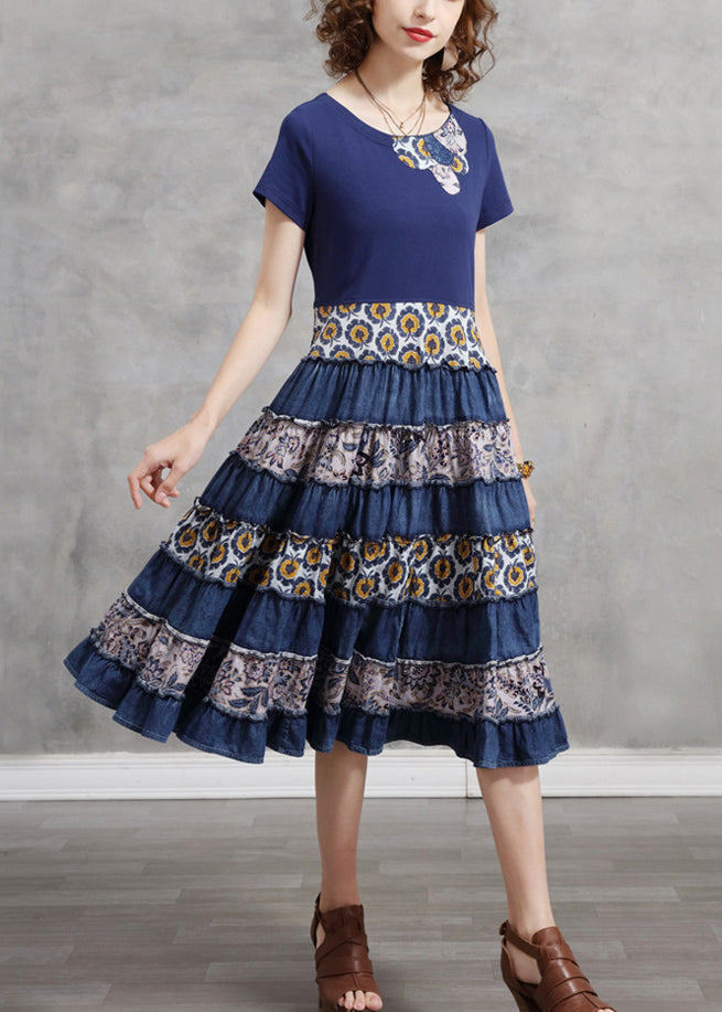 Blue O-neck Patchwork Cotton Vacation Pleated Dresses Short Sleeve