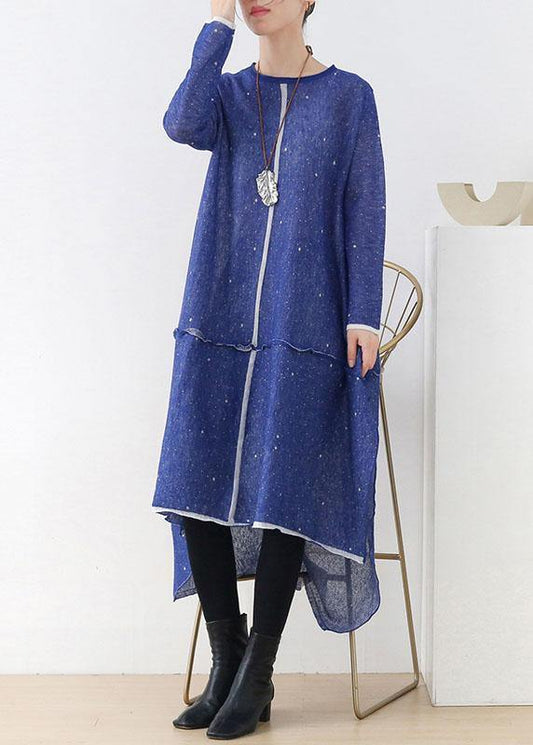 Blue O-neck Pockets Fall Knit Dress