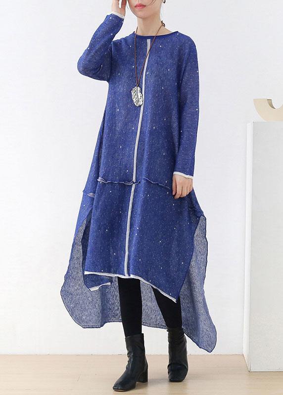 Blue O-neck Pockets Fall Knit Dress