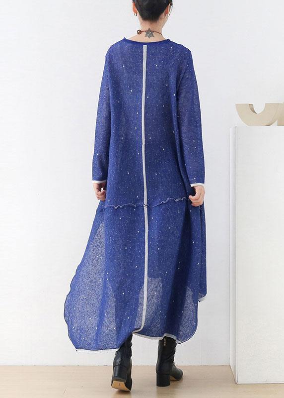 Blue O-neck Pockets Fall Knit Dress