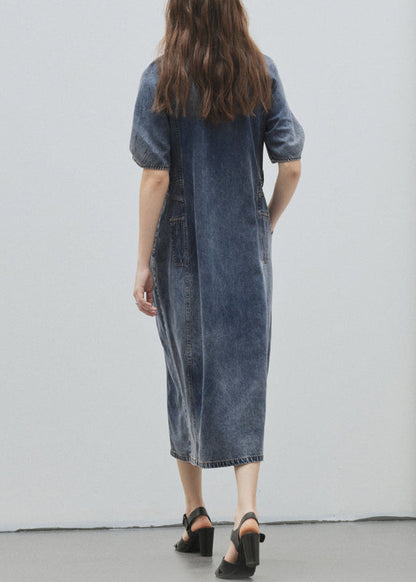 Blue O Neck Pockets Patchwork Denim Dress Summer