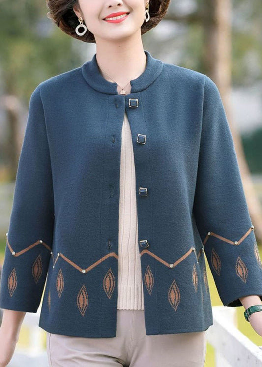 Blue O-neck Pockets Print Woolen Coats Long Sleeve