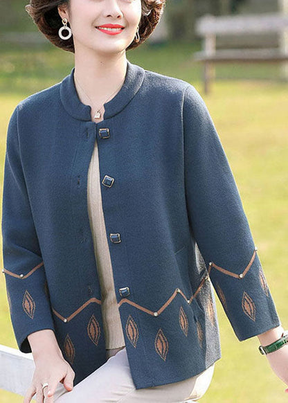 Blue O-neck Pockets Print Woolen Coats Long Sleeve