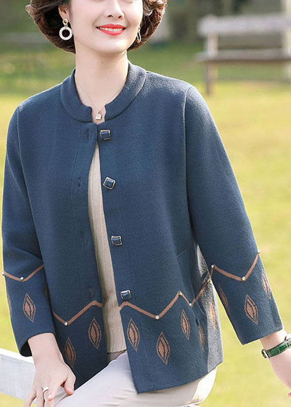 Blue O-neck Pockets Print Woolen Coats Long Sleeve