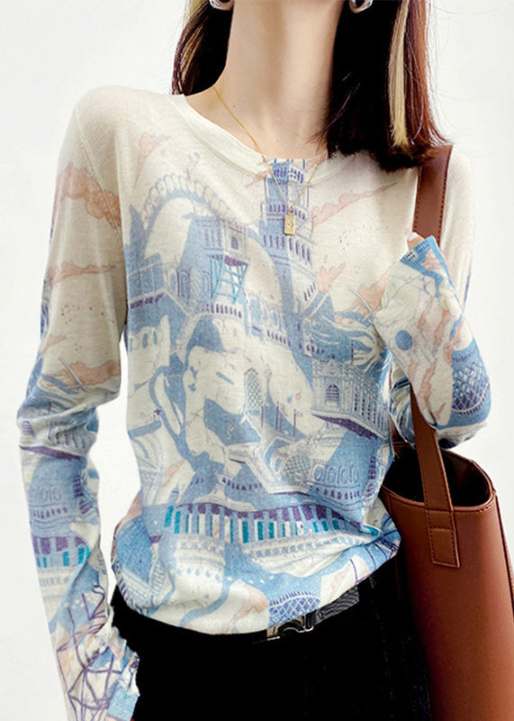 Blue O Neck Print Patchwork Knitting Cotton Top Long Sleeve