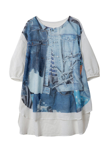 Blue O Neck Print Linen Blouses Half Sleeve
