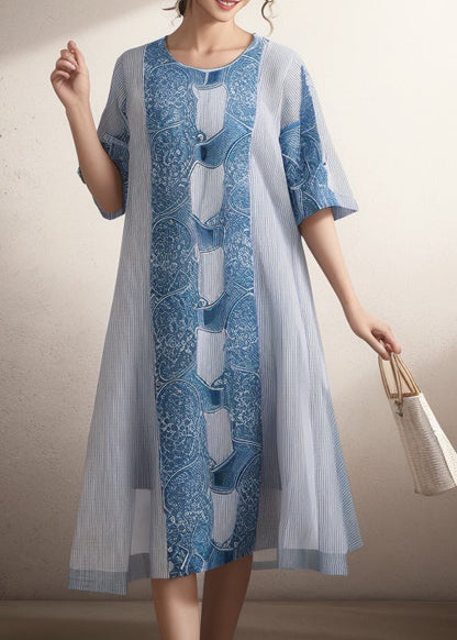 Blue O Neck Print Silk Dress Summer