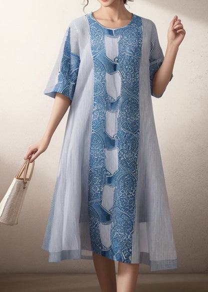 Blue O Neck Print Silk Dress Summer
