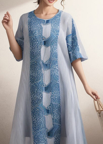 Blue O Neck Print Silk Dress Summer