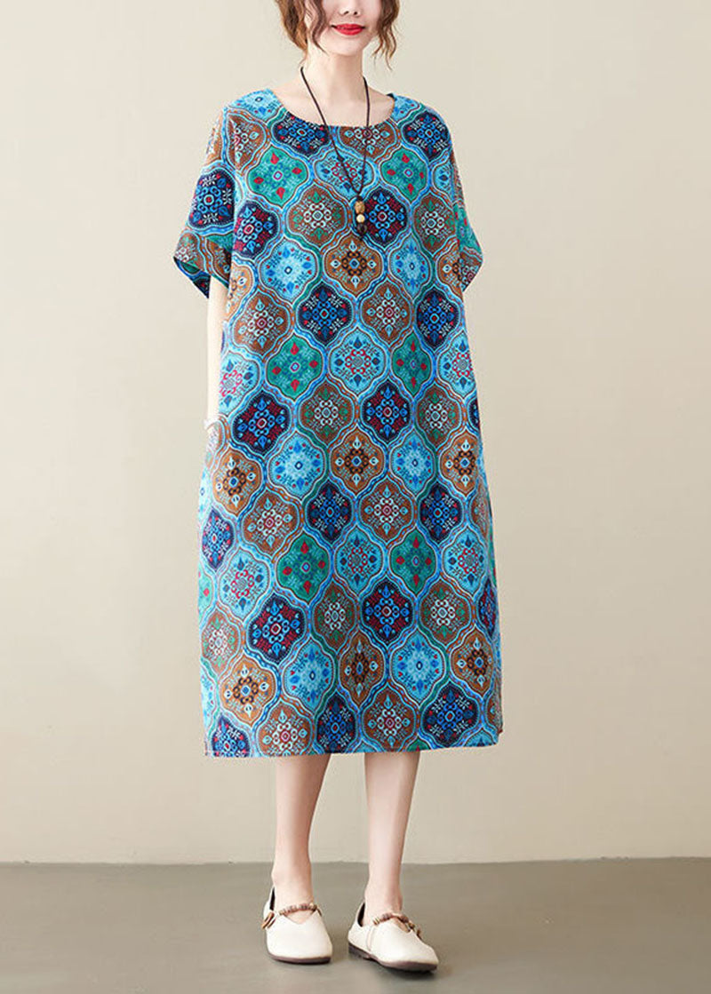 Blue O-neck Print Pockets Linen Dress Short Sleeve