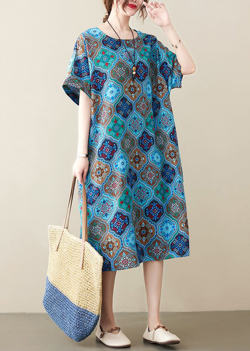 Blue O-neck Print Pockets Linen Dress Short Sleeve
