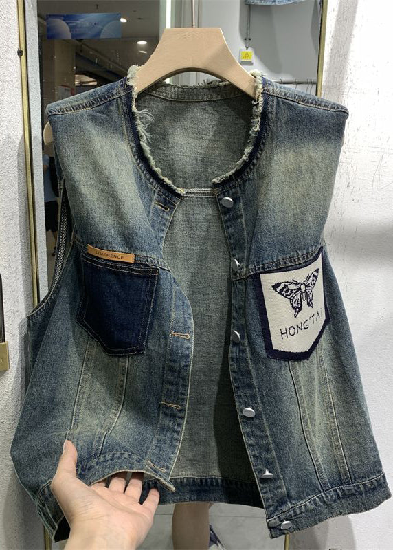 Blue O-neck Print Pockets Patchwork Waistcoat Sleeveless