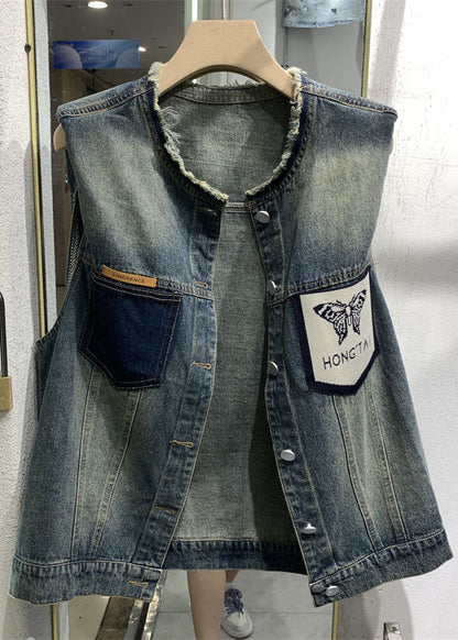 Blue O-neck Print Pockets Patchwork Waistcoat Sleeveless