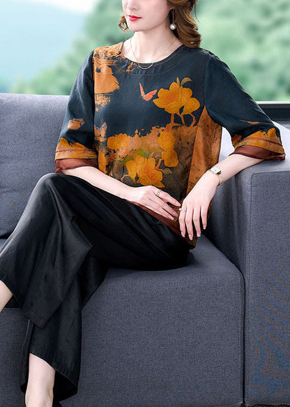 Blue O-neck Print Tops and Pants Silk Two Pieces Set Summer