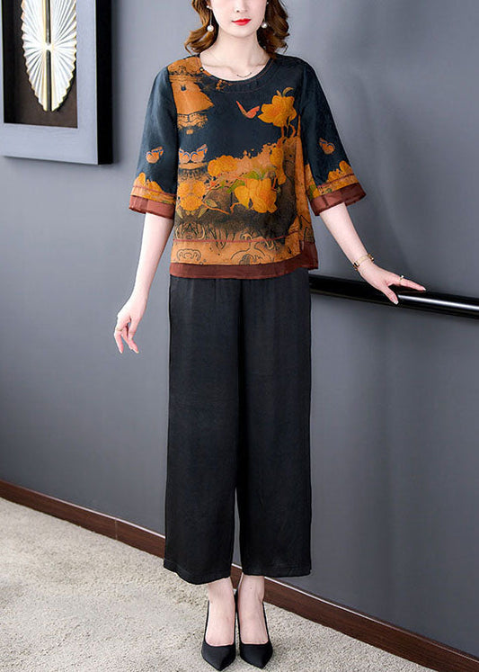 Blue O-neck Print Tops and Pants Silk Two Pieces Set Summer
