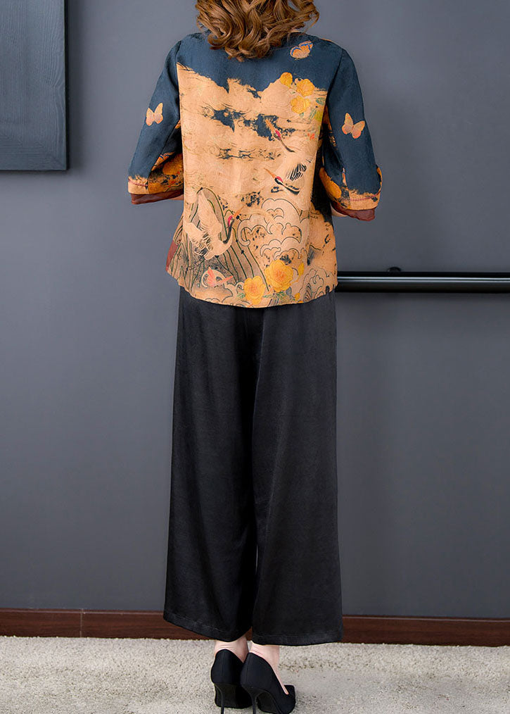 Blue O-neck Print Tops and Pants Silk Two Pieces Set Summer