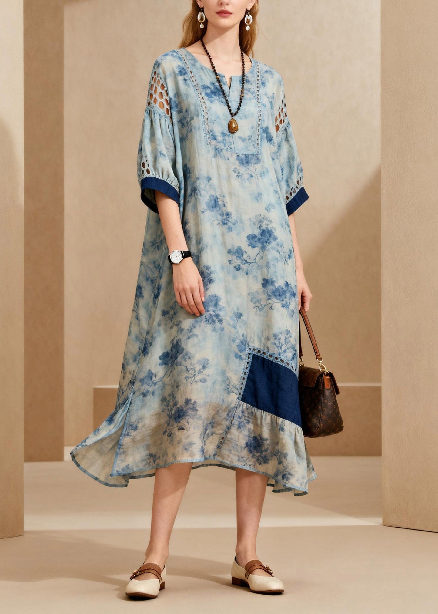 Blue O-neck Side Open Ankle Dress Lanter Sleeve