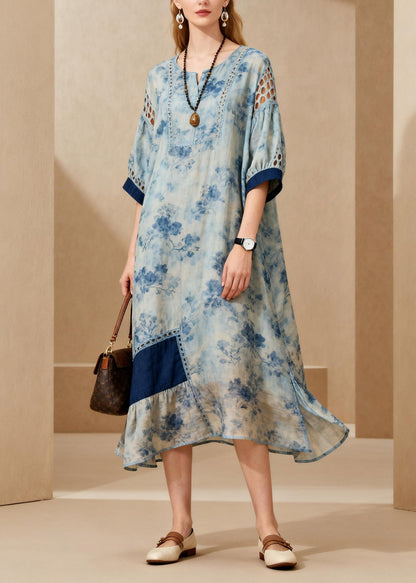Blue O-neck Side Open Ankle Dress Lanter Sleeve