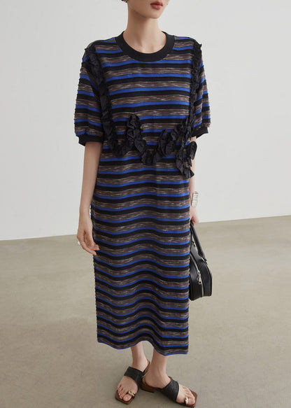 Blue O-neck Striped Long Dress Short Sleeve