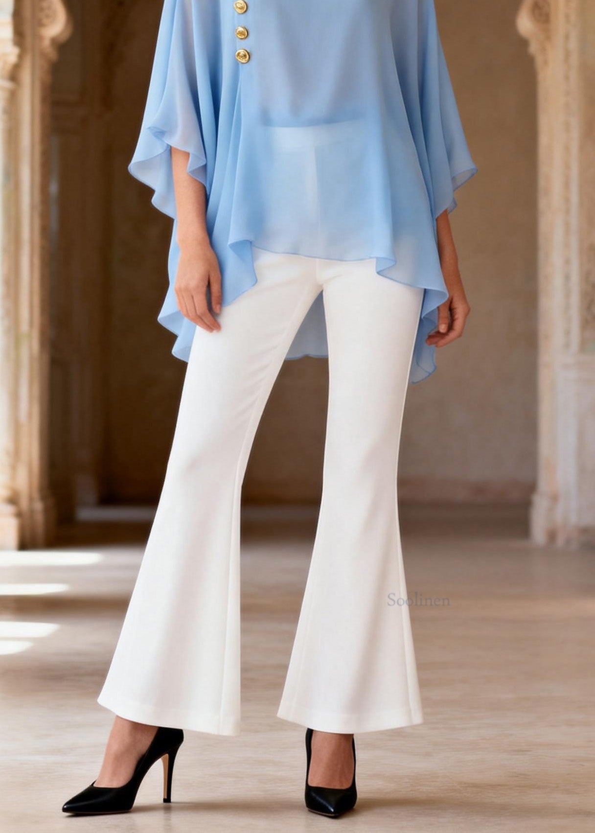 Blue O Neck Top and White Flared Trousers Chiffon Two Pieces Set Summer
