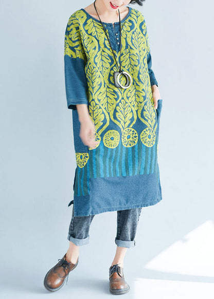 Blue O-neck Side Open Print Sweatshirts Dresses Spring